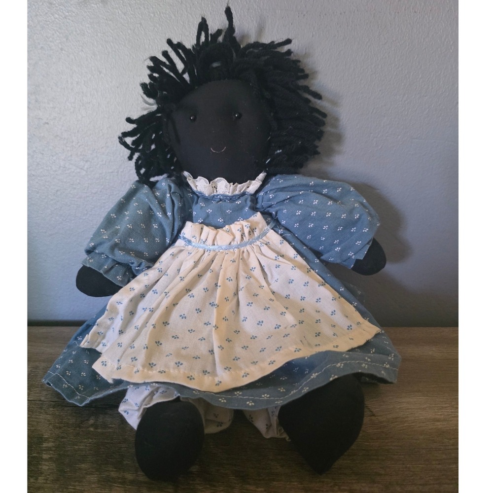 Handmade Primitive Cloth Rag Doll Blue Floral Dress Apron Black Yarn Hair 14in